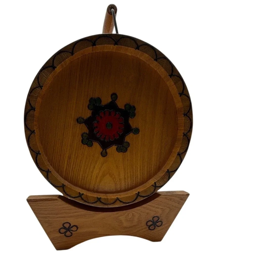 Wooden‎ Barrel Beverage Dispenser w/ Stand Hand Painted Folk Art Rustic Vintage
